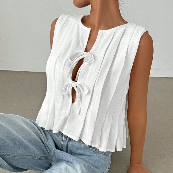Tops - White Casual Women's Tie Front Pleated Detail Sleeveless Blouse